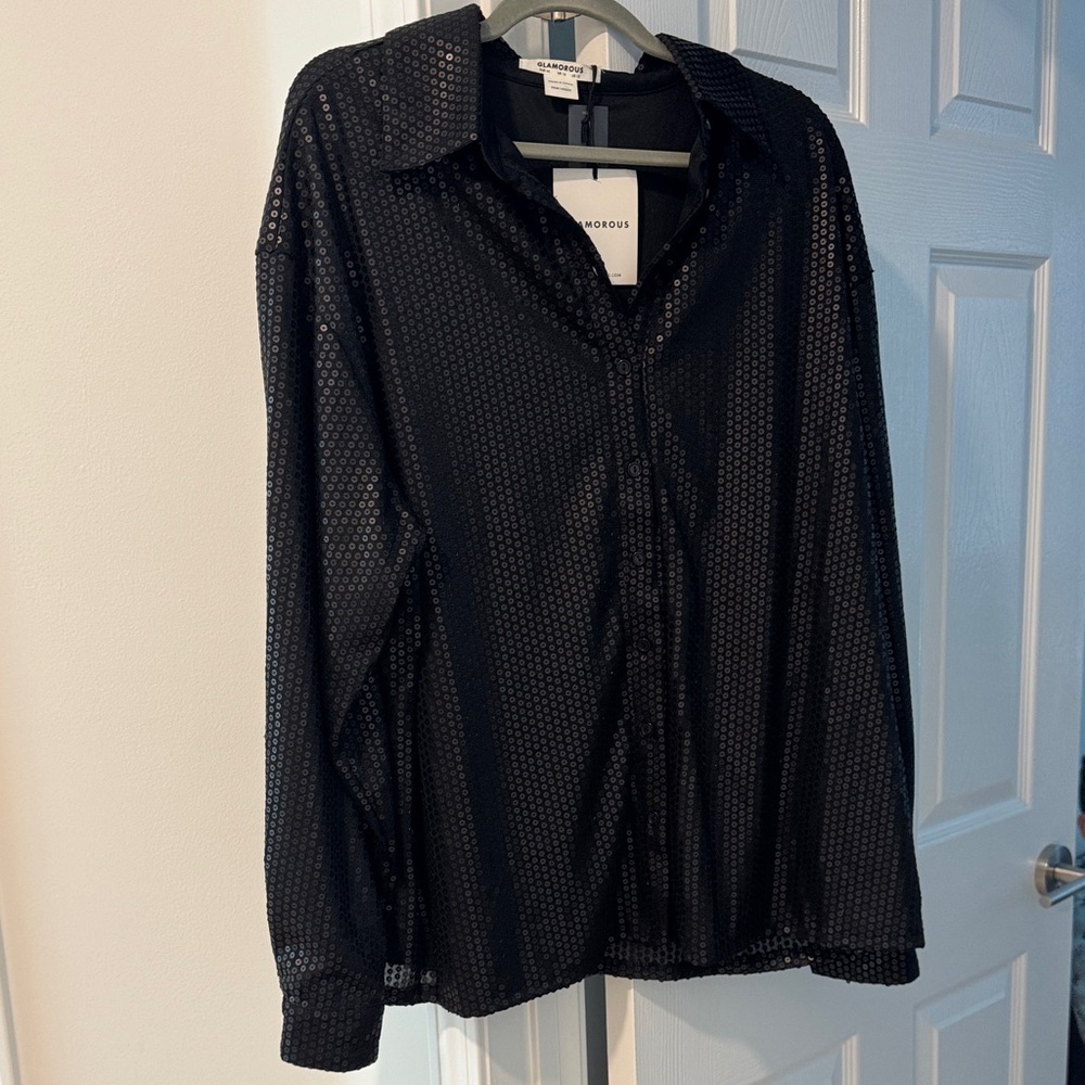Glamorous Black Sequined Women’s Button Down Shirt Size US 12 NEW